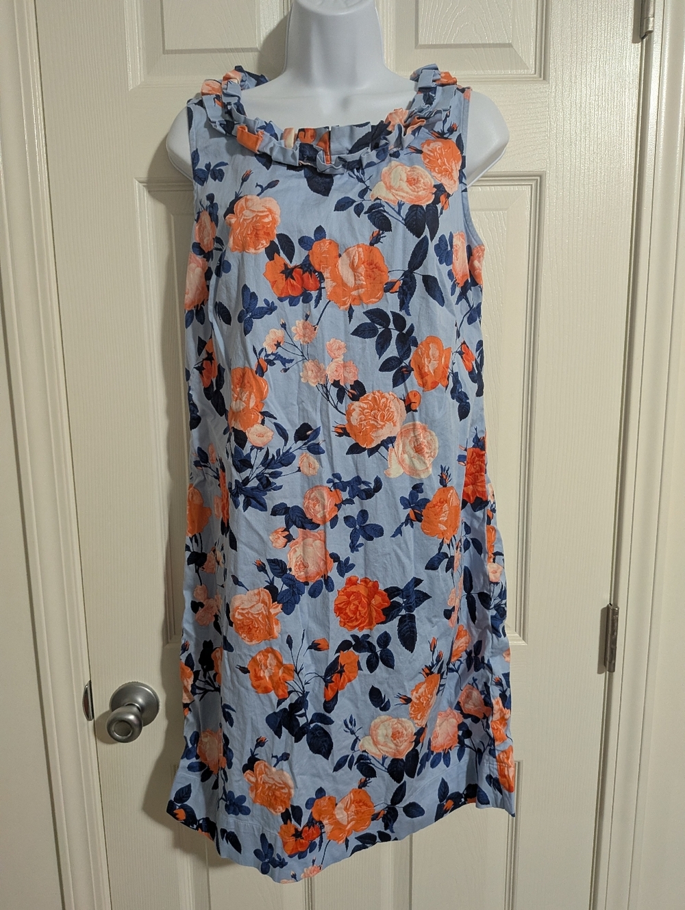 Talbots 8 Sleeveless Floral Ruffle Neck Dress Light Blue with Orange Floral